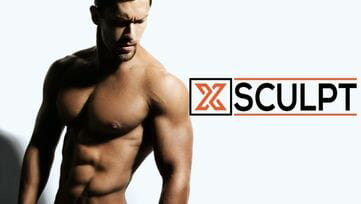 A man with a shirt on is posing in front of the x sculpt logo at Med Spa Chicago.