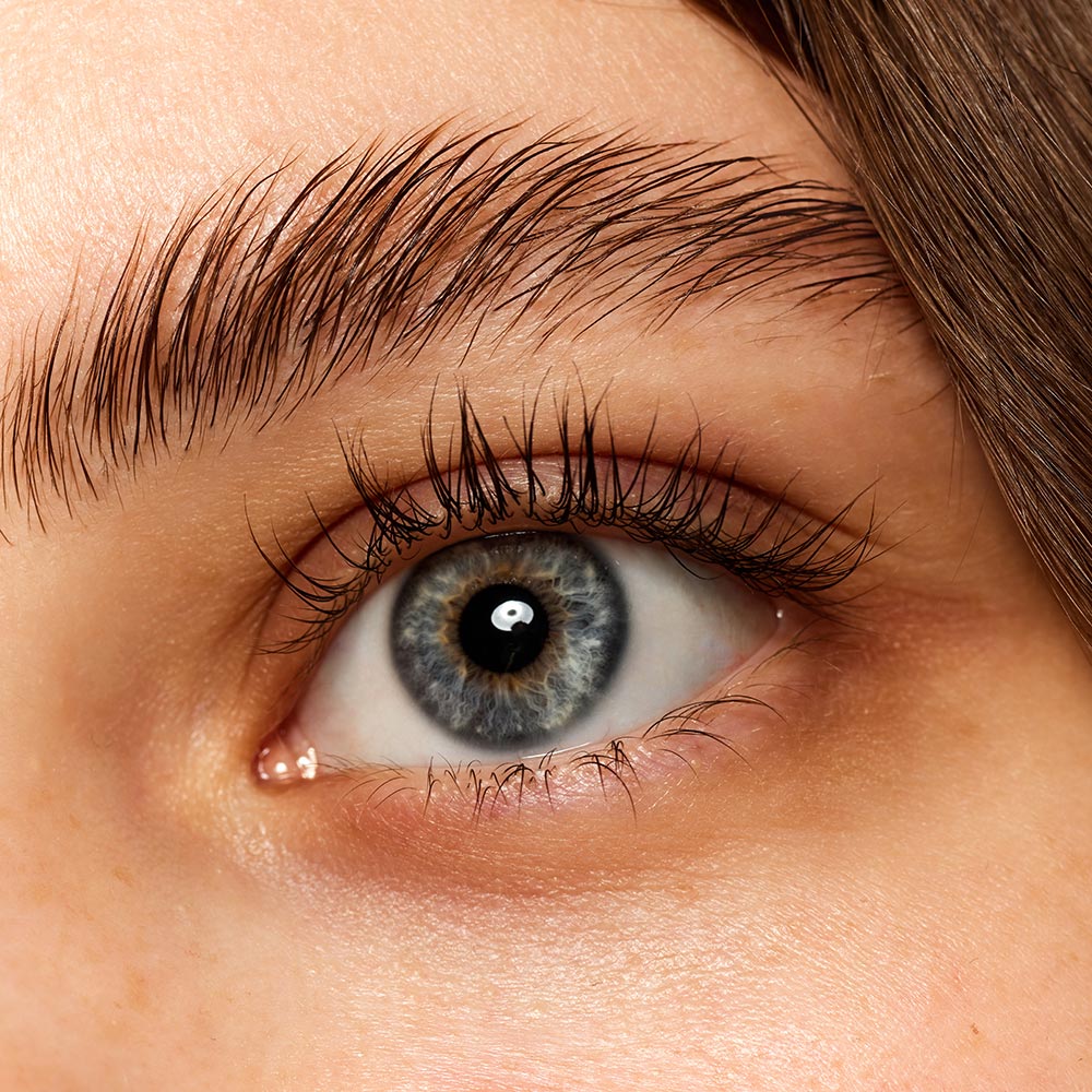 Extreme close-up of blue eye, focusing on long lashes and well-defined eyebrows. 