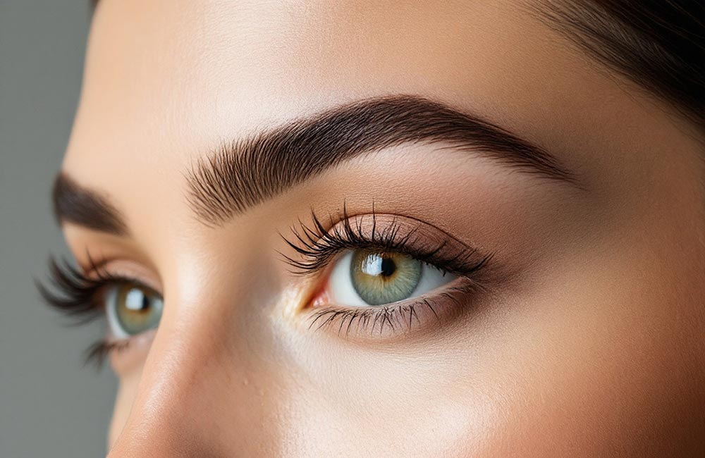 Close up of woman's eye with perfect eyebrow and long lashes