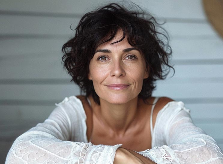 Happy attractive confident European woman of middle age posing for beauty portrait.