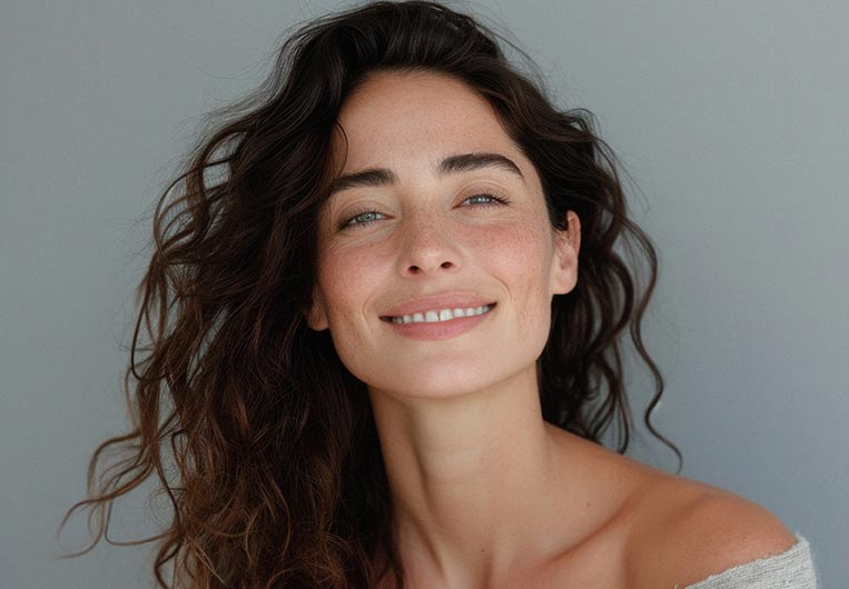 Happy attractive confident young adult or mid aged European woman posing for beauty aesthetic portrait.
