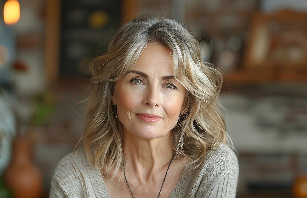 an attractive middle aged woman smiling at the camera wearing a skirt and v-neck sweater and a necklace