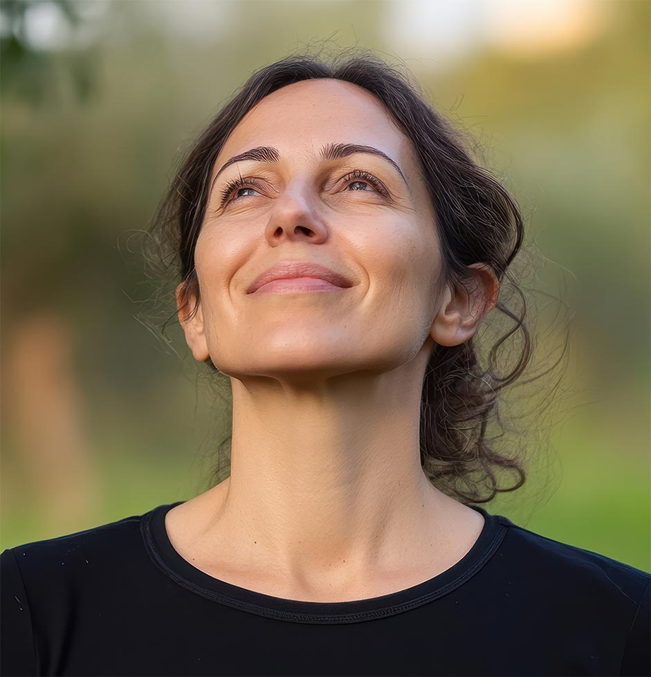 A woman with a black shirt and brown hair is smiling