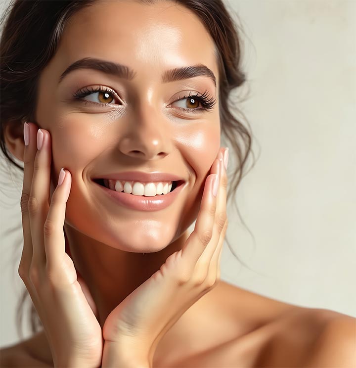 Young woman with natural makeup smiles touches face. Beauty model with perfect skin, healthy glowing tan. Female beauty with hands on cheeks. Happy girl smiles, beauty care concept.
