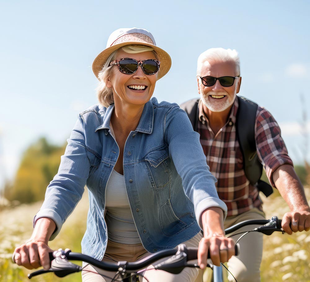 Happy older couple explores nature by bike on sunny day.