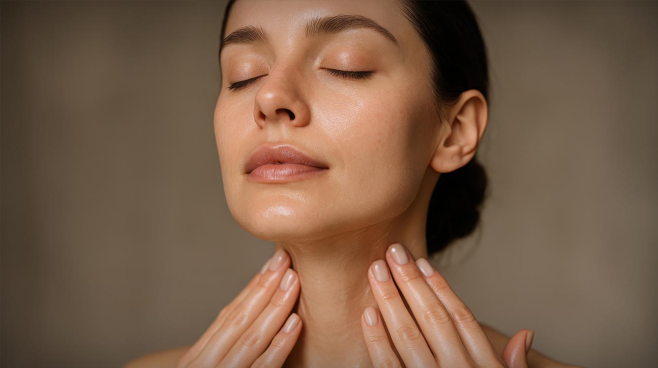 Woman with closed eyes applying facial oil or moisturizer to her neck, celebrating self-care and beauty from natural skincare ritual.