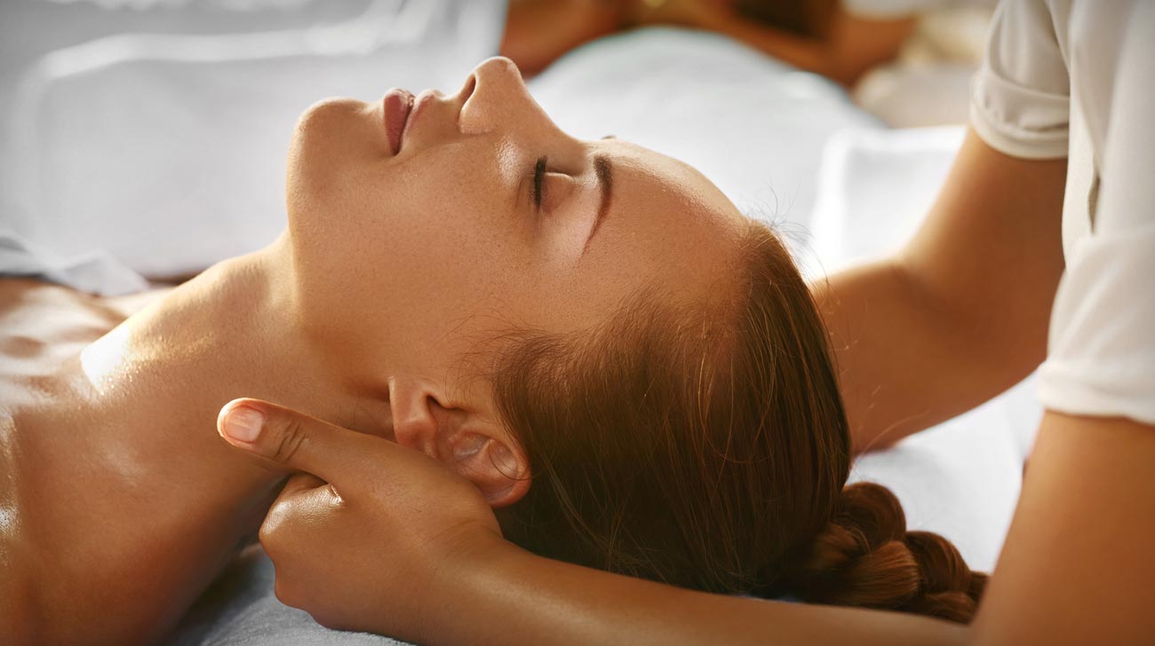 Spa Massage. Closeup Of Beautiful Healthy Happy Smiling Woman Getting Relaxing In Day Spa Salon Outdoors.