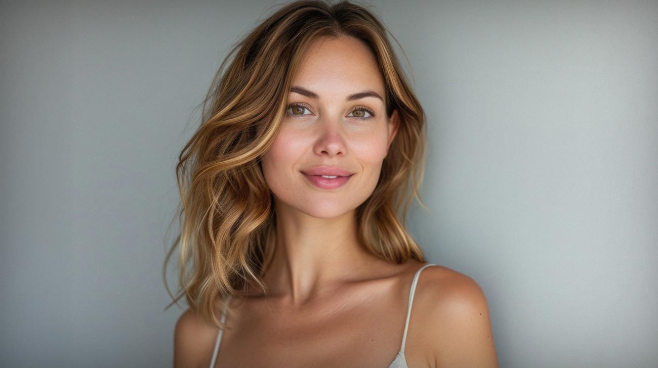Happy attractive confident young adult or mid aged European woman posing for beauty aesthetic portrait.
