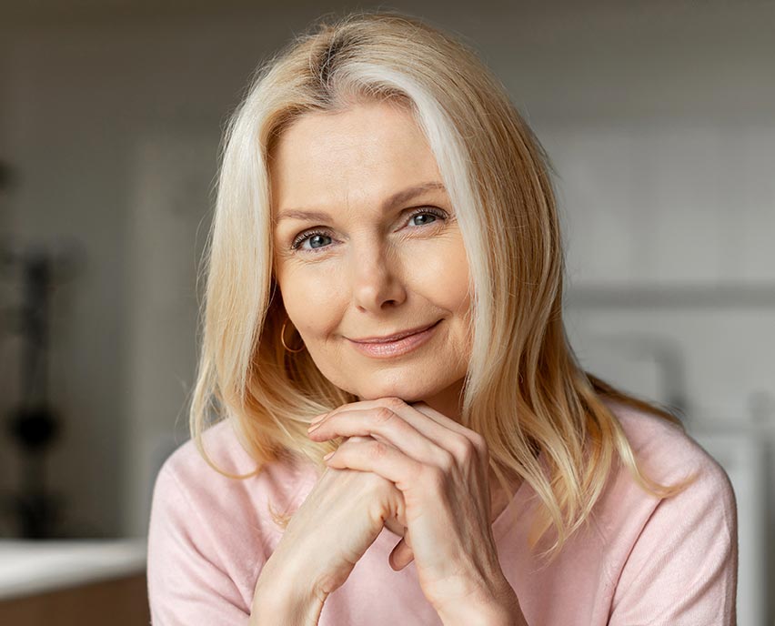 Elegant middle-aged woman with blond hair sitting at the camera