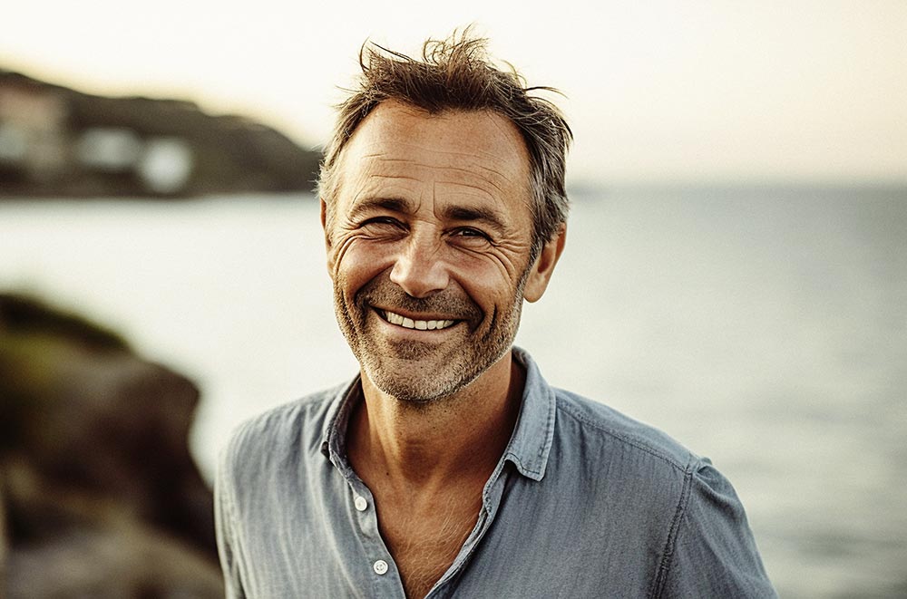 Lifestyle portrait of a grinning middle age man enjoying a walk at sea, landscape background