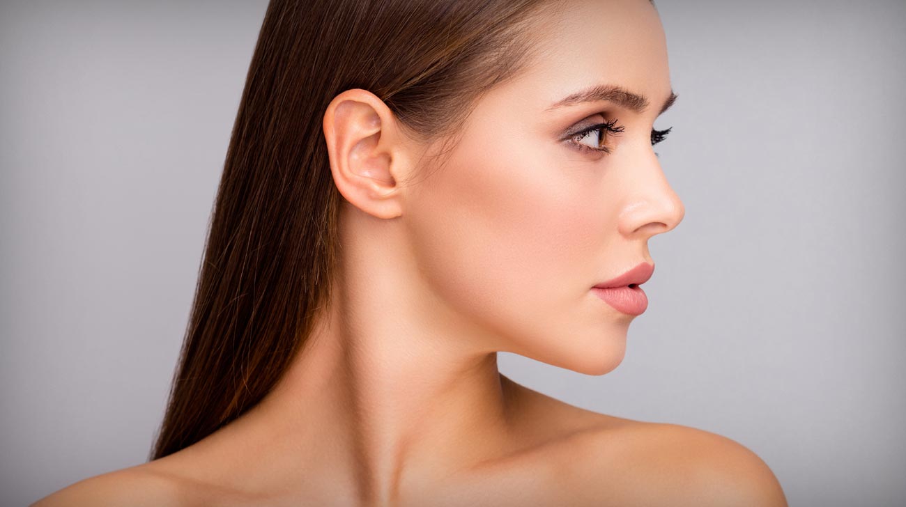 Closeup profile photo of attractive beautiful lady nude shoulders perfect shape lips tempting appearance look side empty space spa procedures isolated grey color background