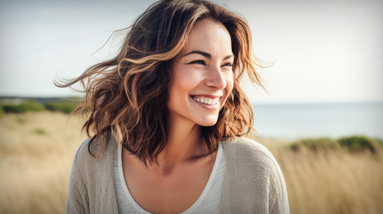 Portrait in the beach of a pleased 30 years old woman.