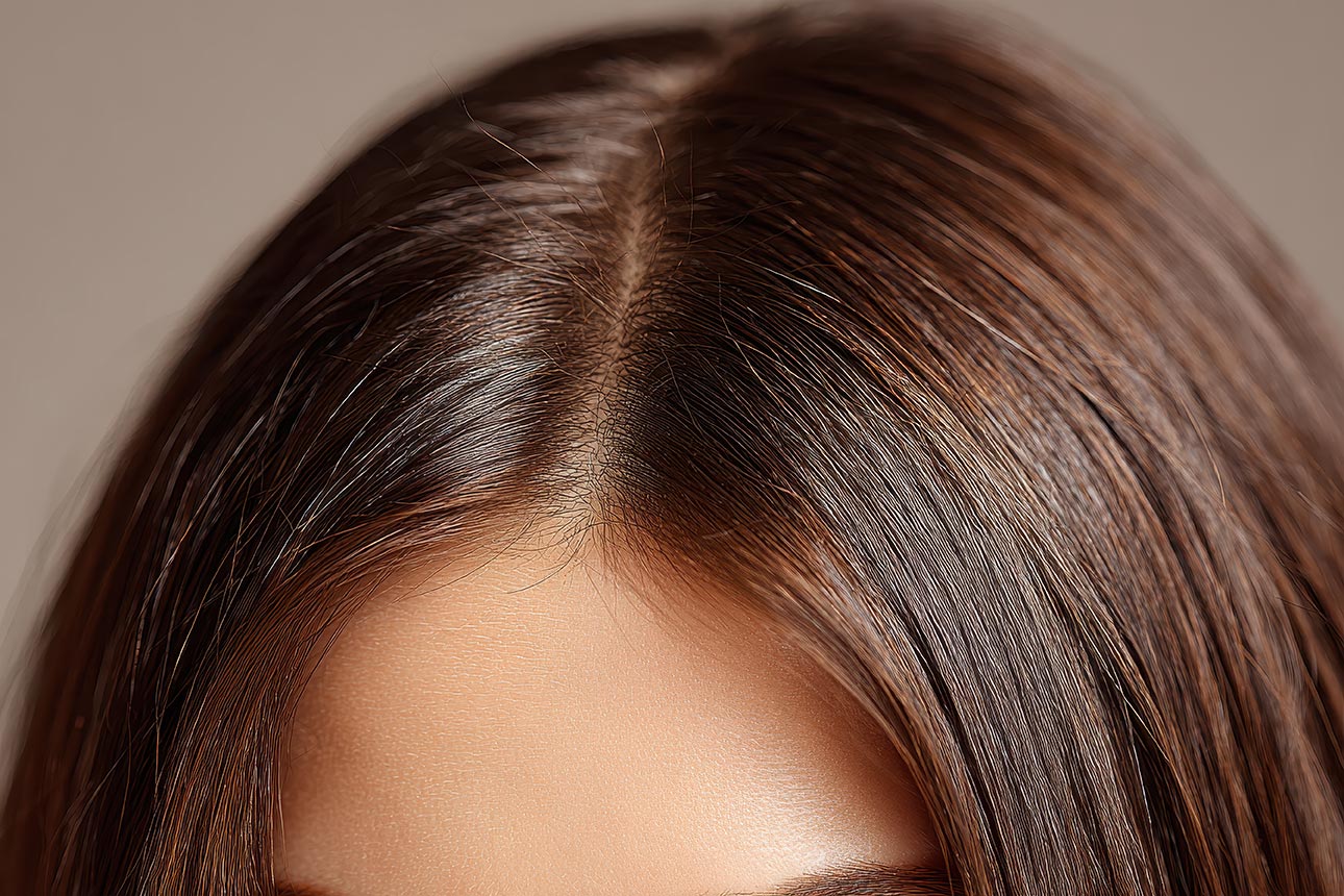 Close up photo shows woman’s dark brown hair with a precise ce