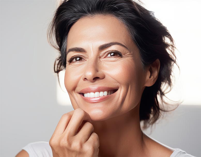 Close-up of middle-aged Caucasian woman touching her face to apply moisturizer.