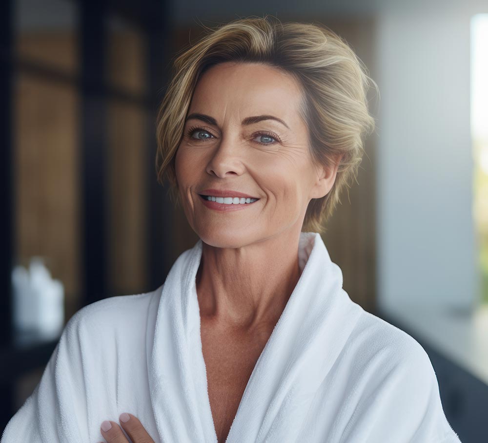 Headshot of happy smiling beautiful middle aged woman wearing bathrobe at spa salon hotel looking at camera.