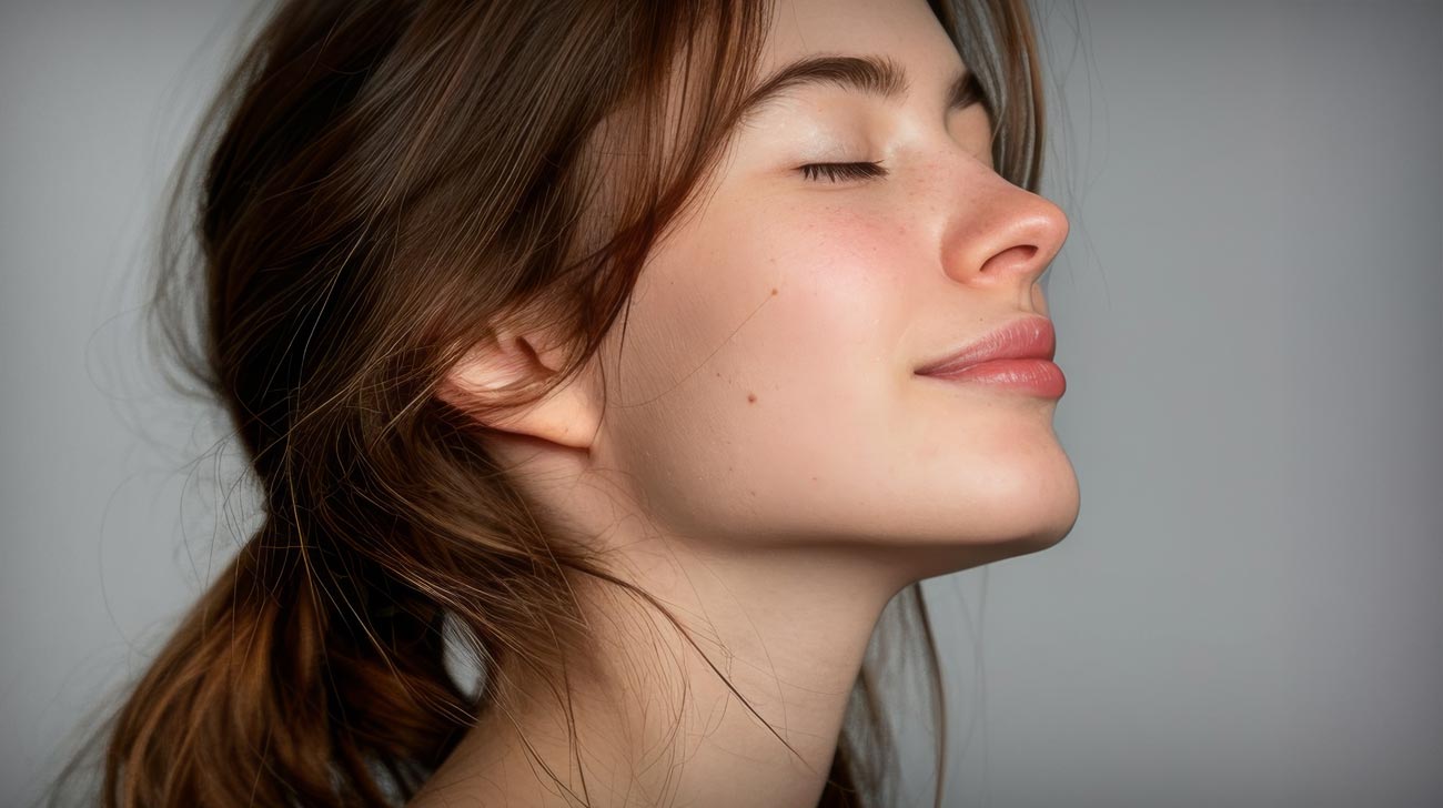 A close up of a woman's face with her eyes closed looking to a side