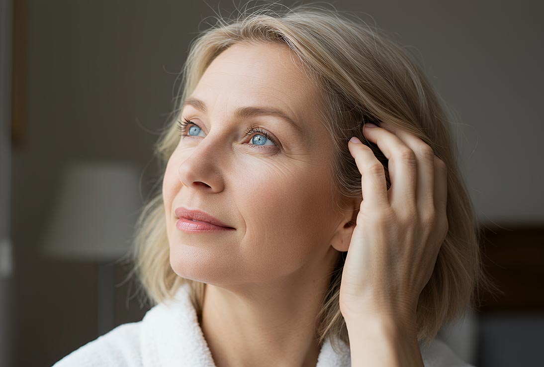 Confident Woman with Captivating Blue Eyes & Glowing Skin, Embracing Natural Elegance & Serenity