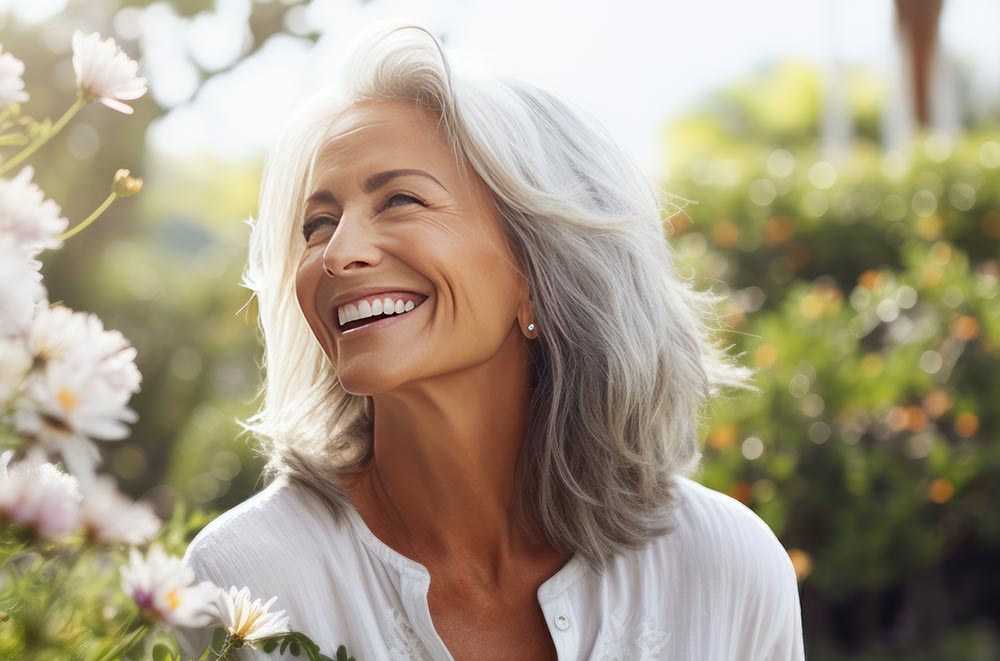 eautiful gorgeous 50s mid age beautiful elderly senior model white woman in the garden with grey hair laughing and smiling. 