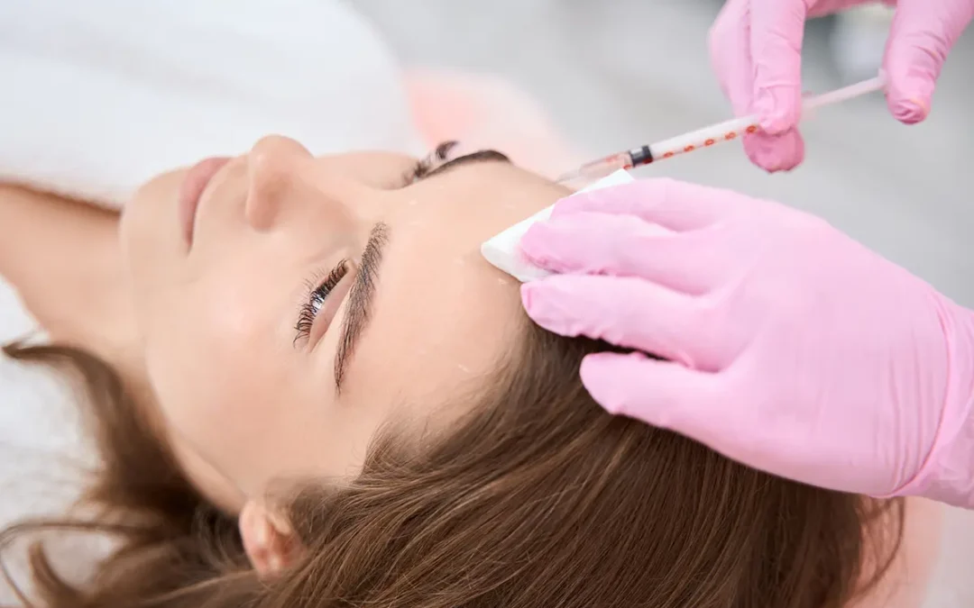 syringe is injected subcutaneously on the forehead of lady