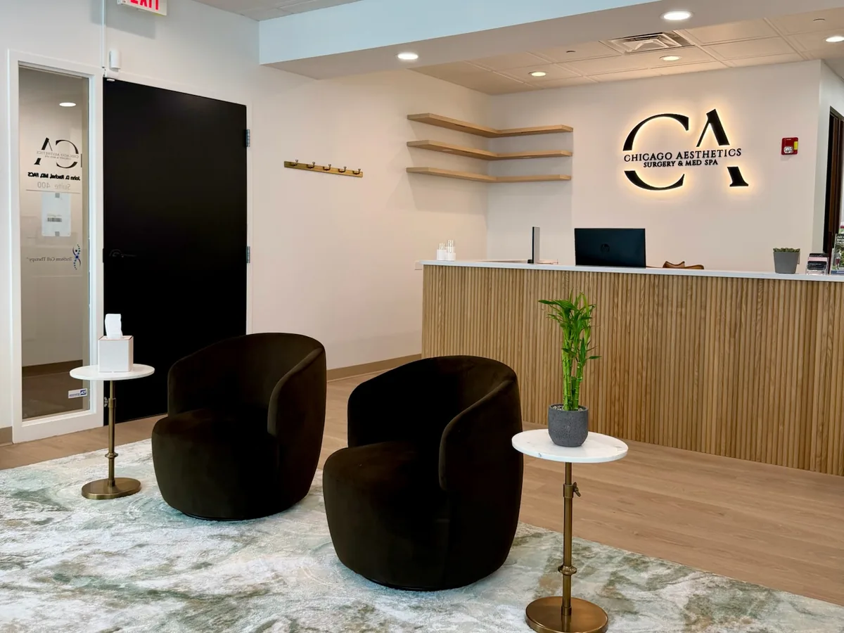 The reception area at the Chicago Aesthetic Surgery and Med Spa office in Glenview, Illinois